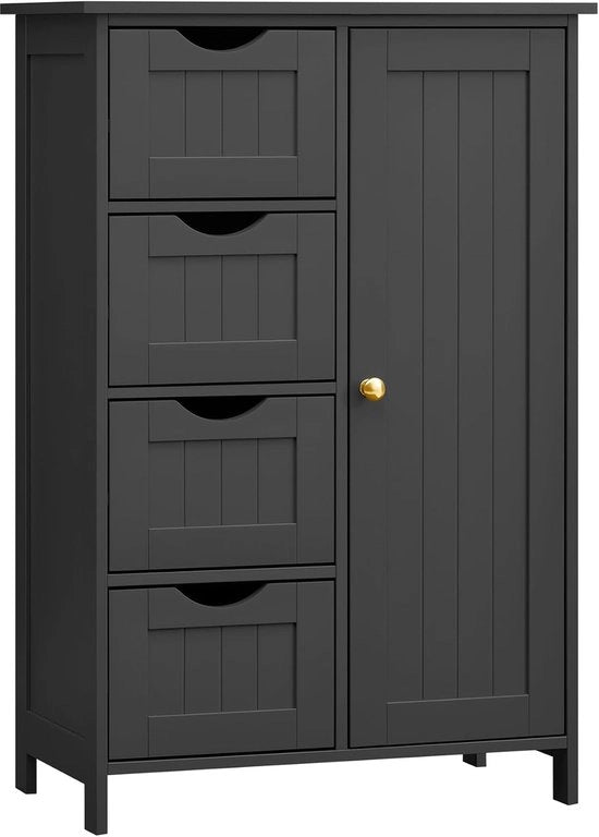 Cassettiera da bagno – Mobiletto da appendiabiti con 4 ante e 1 sportello – 55×30×82 cm – Design in MDF e legno – Nero inchiostro – Stile rurale