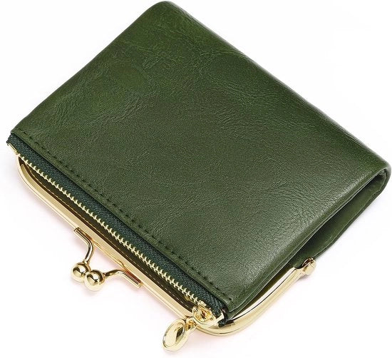 Portafoglio Donna Piccola Dimensione Bifold con Chiusura a Rits e Cerniera in Pelle Vintage con Tasca per Monete