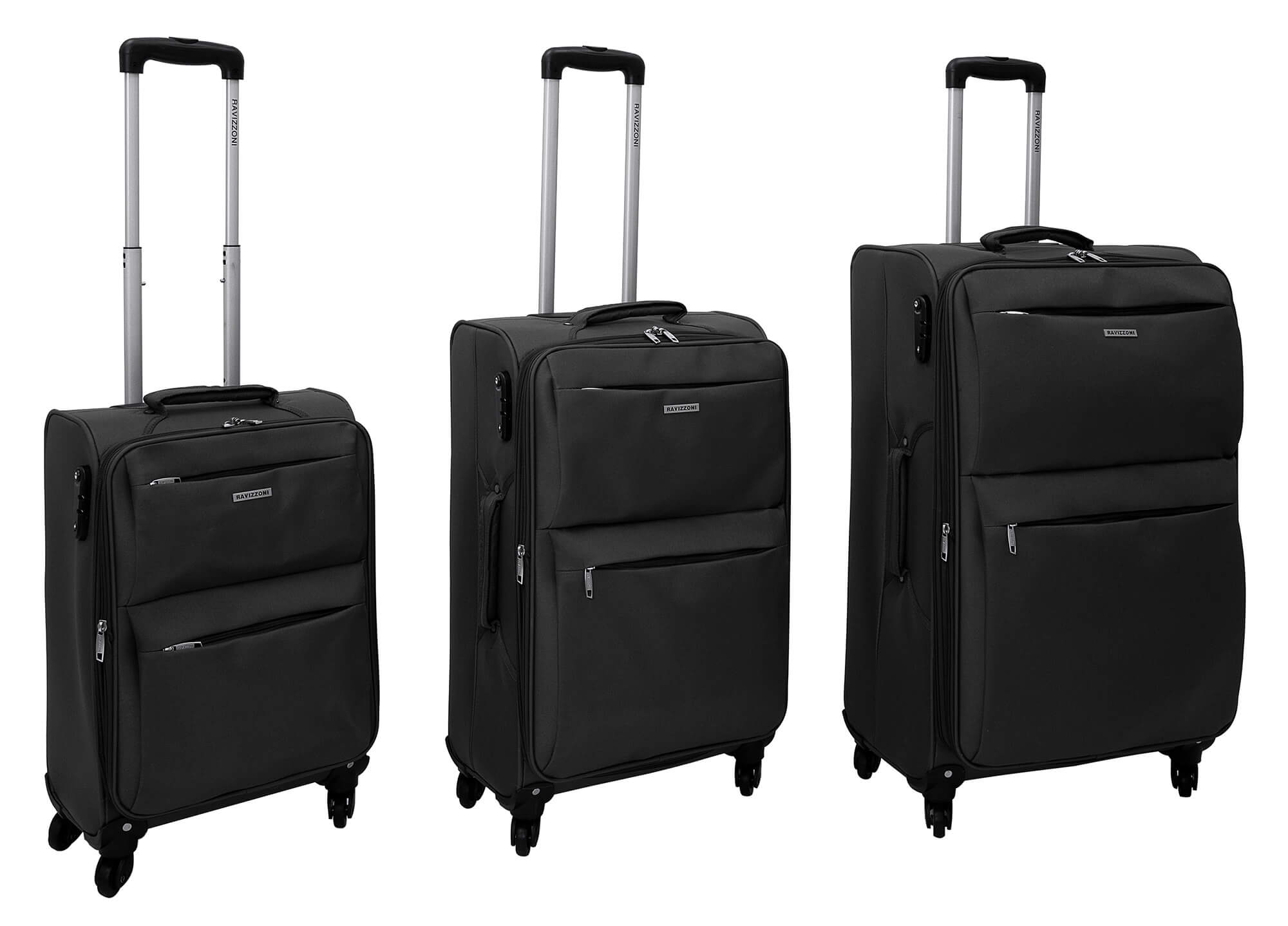 Set 3 Valigie Trolley Morbide in Poliestere 4 Ruote TSA Ravizzoni Singapore Nero