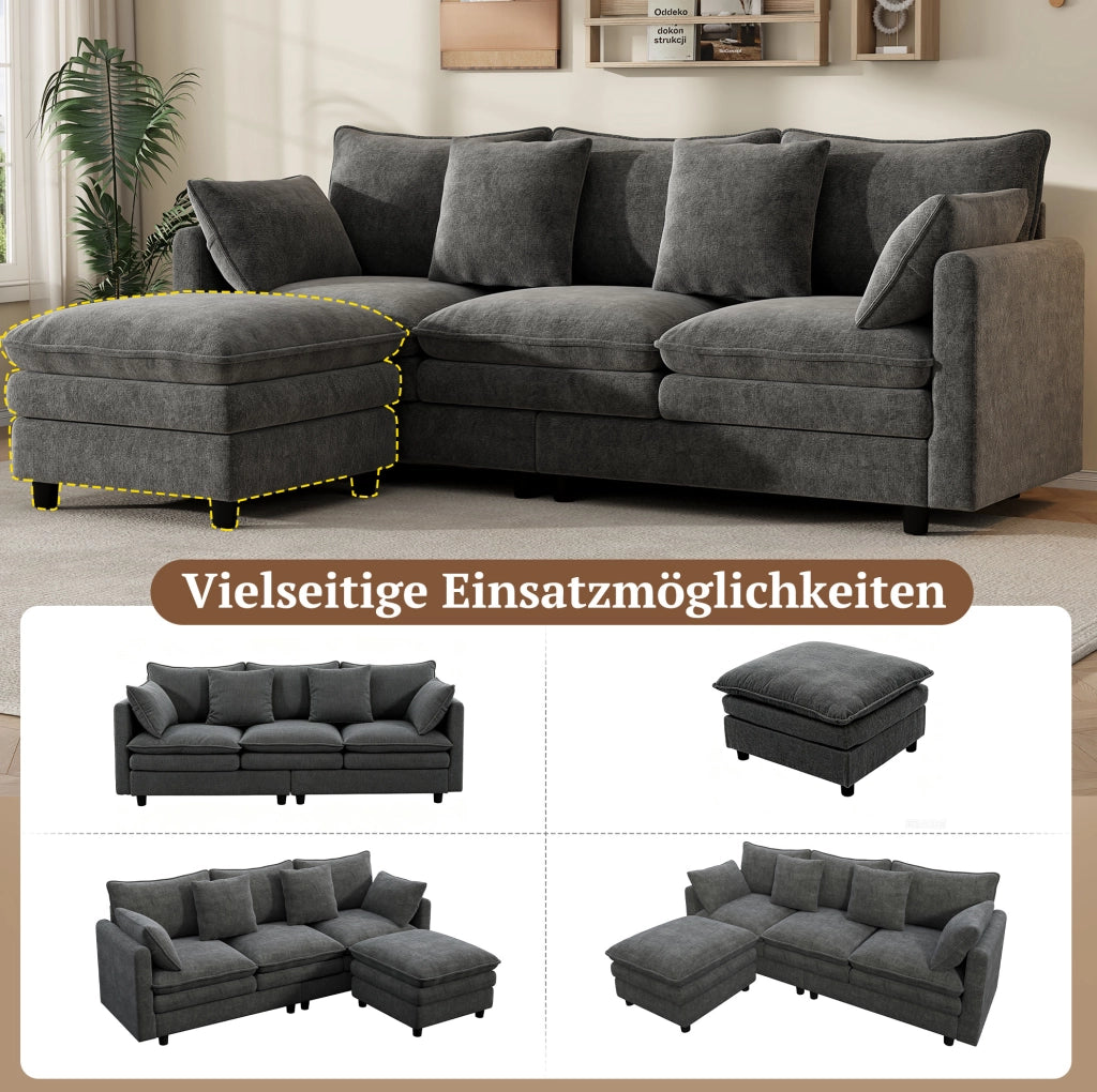 Divano angolare a L in Chenille grigio con chaise longue mobile