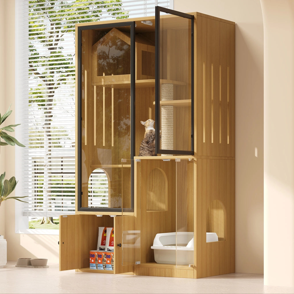 Cuccia per Gatti a 4 Piani con Tiragraffi ¨C MINIMAL ¨C Legno Acero Giallo, 90x50x160 cm