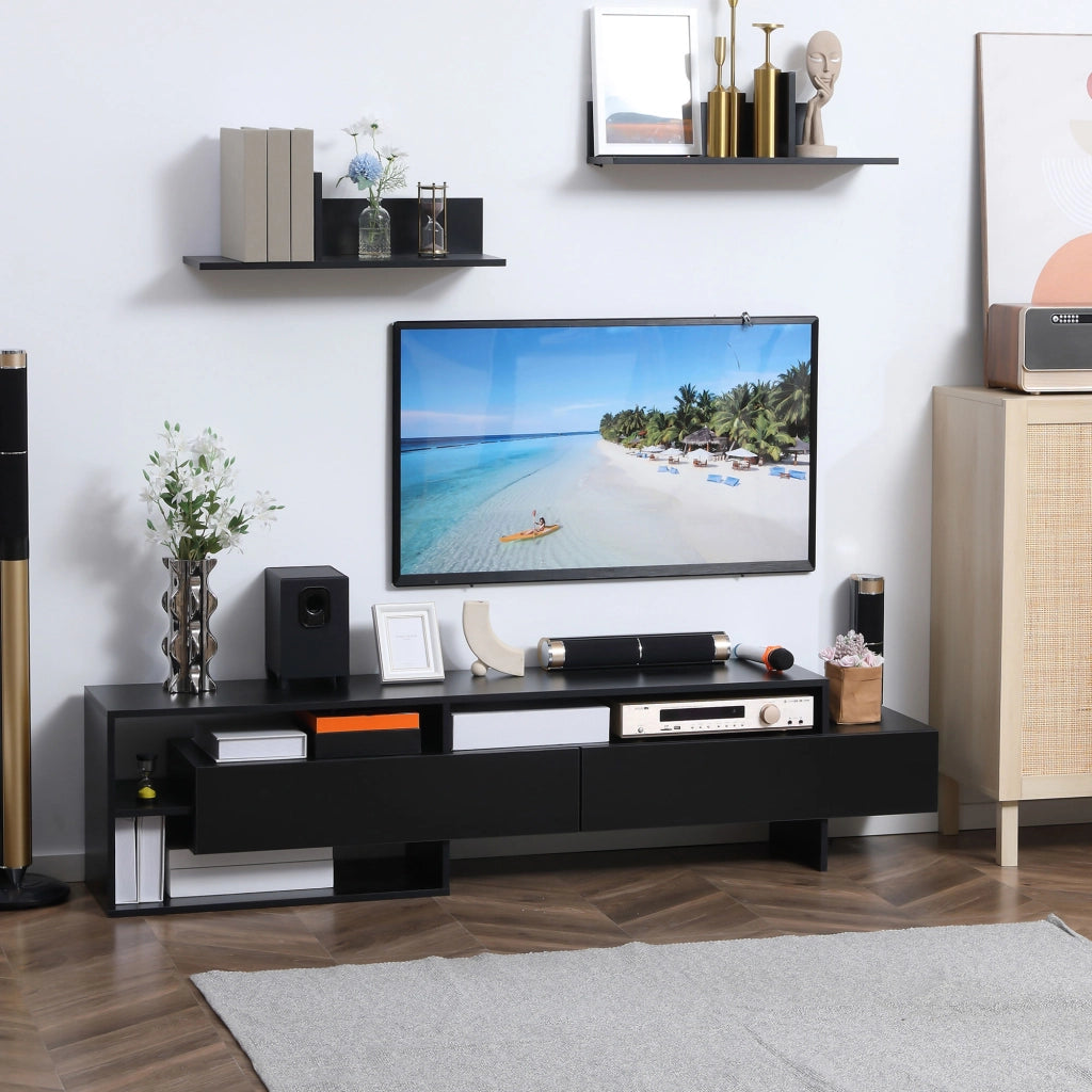 Mobile Porta TV Moderno con 2 Mensole in Legno. Mobiletto per Televisore con Vani Aperti e Armadietti. Nero