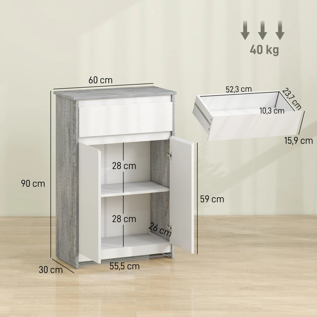 Mobile Bagno Autoportante 60x30x90 cm con Cassetto e Ante Doppie in Legno Grigio e Bianco