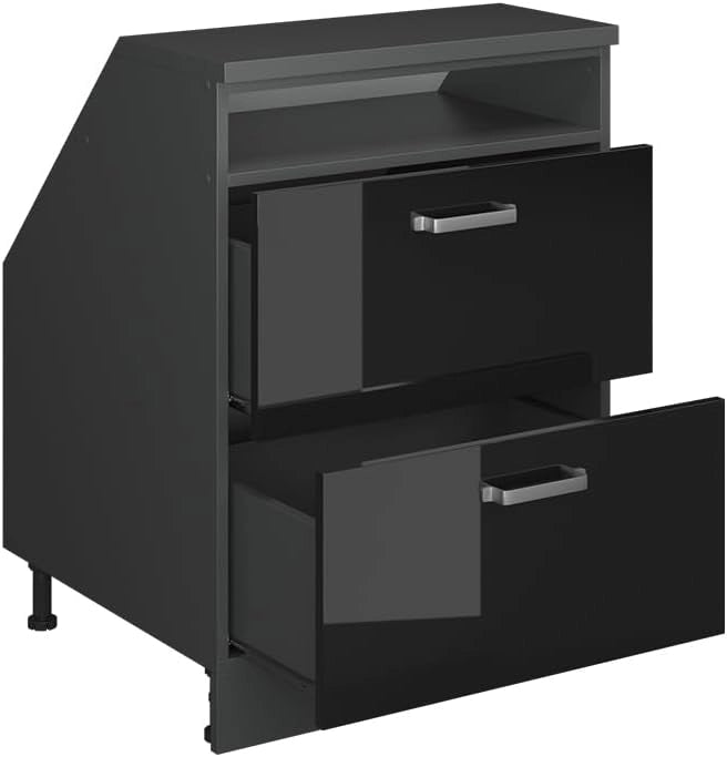 Mobile sottotetto Rion, Nero lucido, 60 x 81.6 cm con 2 cassetti, carcassa 60 cm profondità, adatto per il salvaspazio sotto tetti spioventi