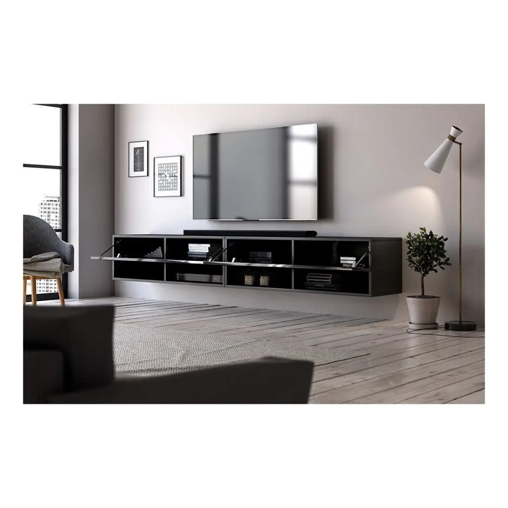 Mobile TV sospeso design CLUJ, 200 cm, 2 ante e 4 vani, colore nero e nero lucido.