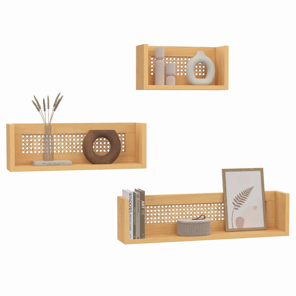 IDMarket - Set di 3 mensole da parete EDHEN in legno e canna 60/45/30 cm