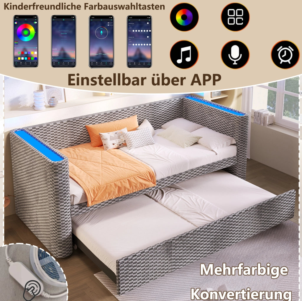 Letto divano estraibile grigio 90x200 cm con LED e rete