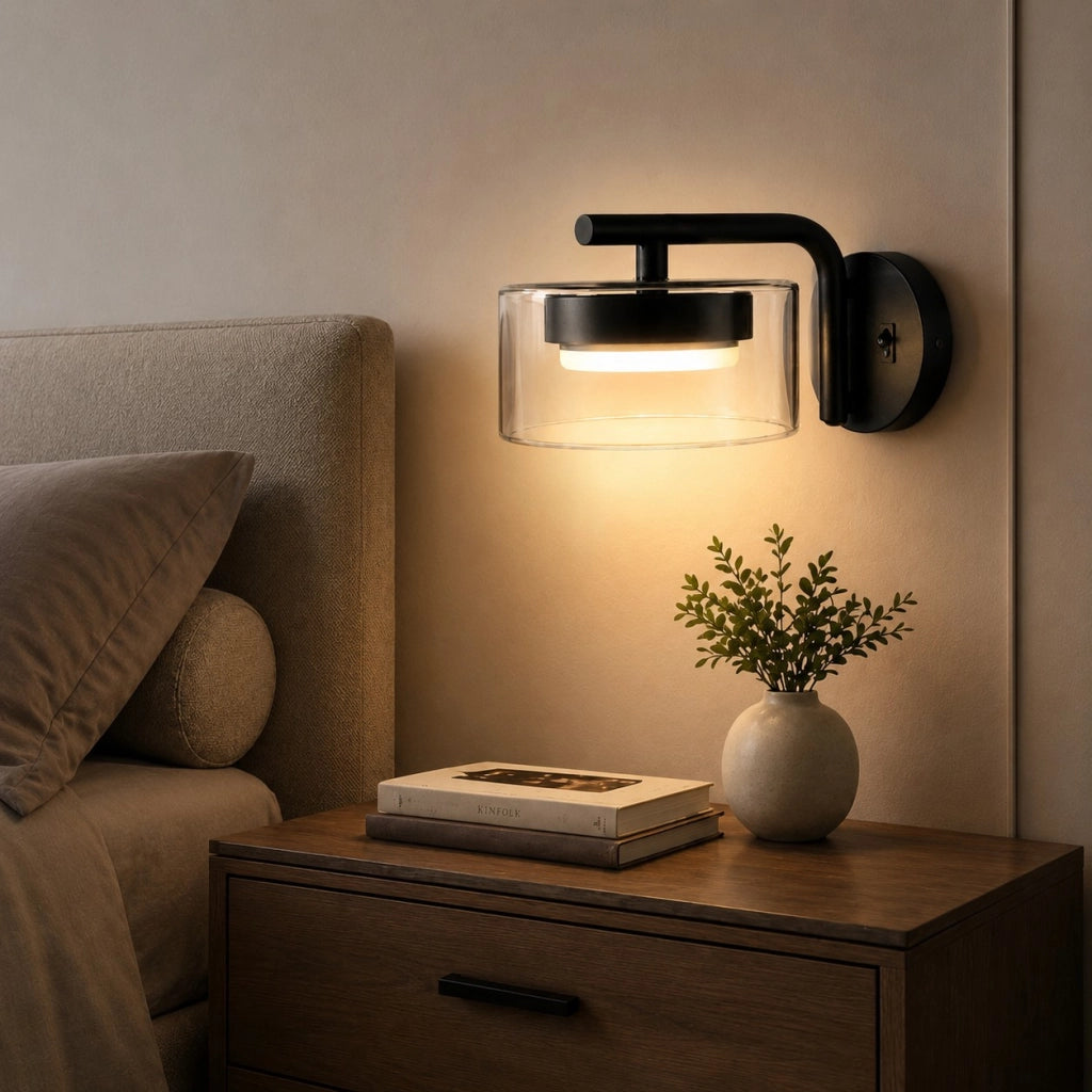 Applique LED GX53 12W da Parete con Interruttore CCT 3000K-6500K Lampada Moderna in Metallo Nero e Vetro per Camera