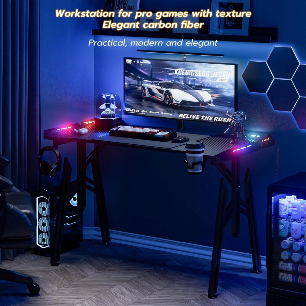 Scrivania da Gaming LED 120x60 cm Tavolo da Gaming Scrivania per Computer con Porta-bevande e Gancio per Cuffie Tavolo PC Tavolo da Giocatore Tavolo da Gaming con Rivestimento in Fibra di