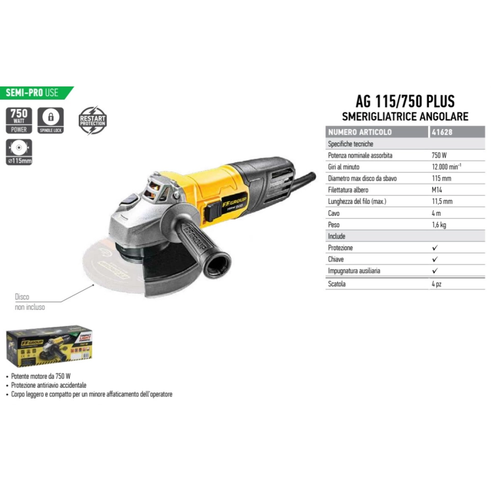 Ff group ag115/750 plus smerigliatrice angolare da 750w - uso semi professionale