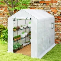 Serra da Giardino 3 m² con 3 Ripiani, PE Rinforzata 135 g/m² Anti-UV, Porta Avvolgibile e Finestre in Rete, 143x215x190cm, Bianco