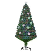 Albero di Natale Artificiale 150cm con Fibre Ottiche e 21 Luci LED, Decorazioni a Forma di Fiocco di Neve, Verde