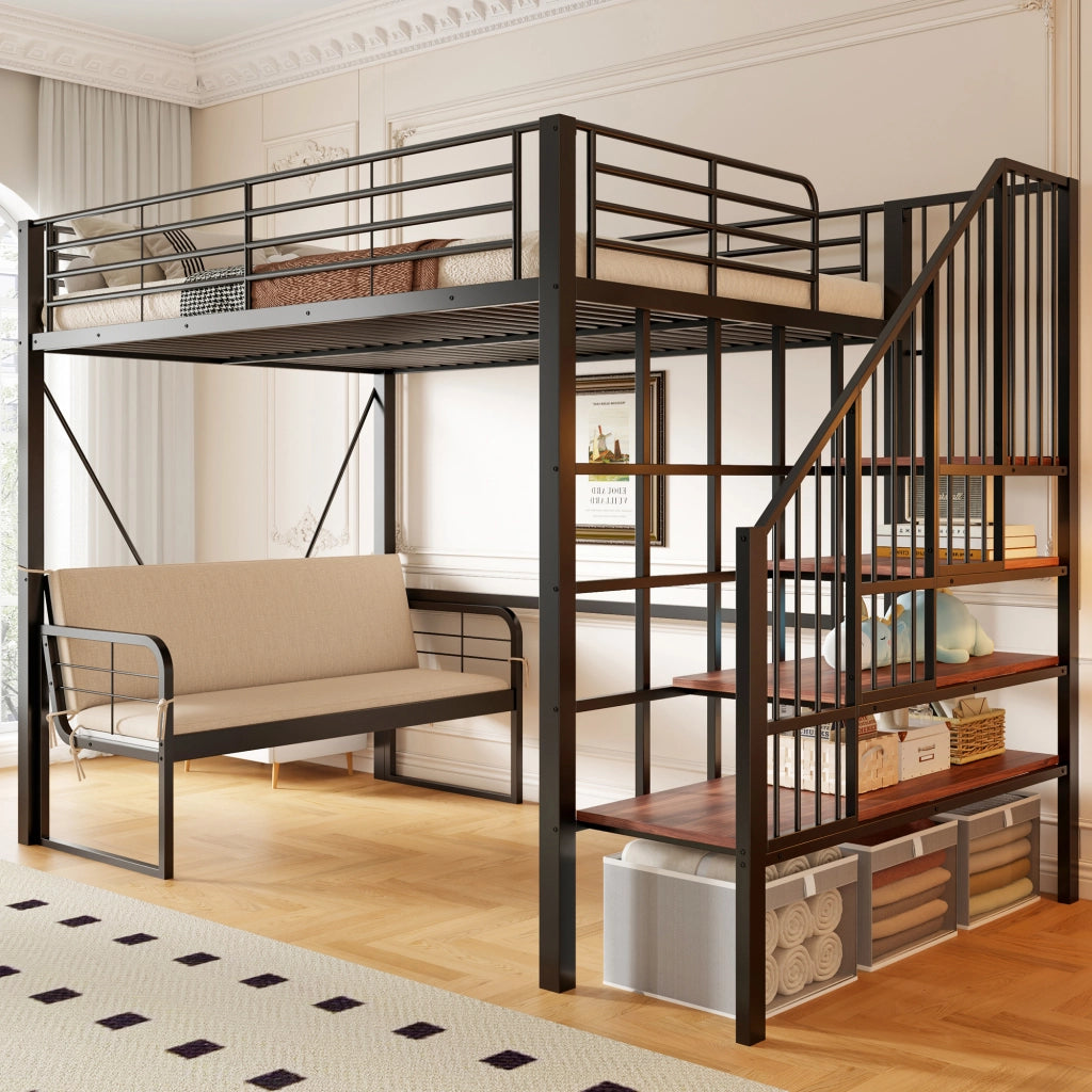 Letto a castello 140 × 200 cm con divano imbottito rimovibile, scala contenitore, senza materasso, nero