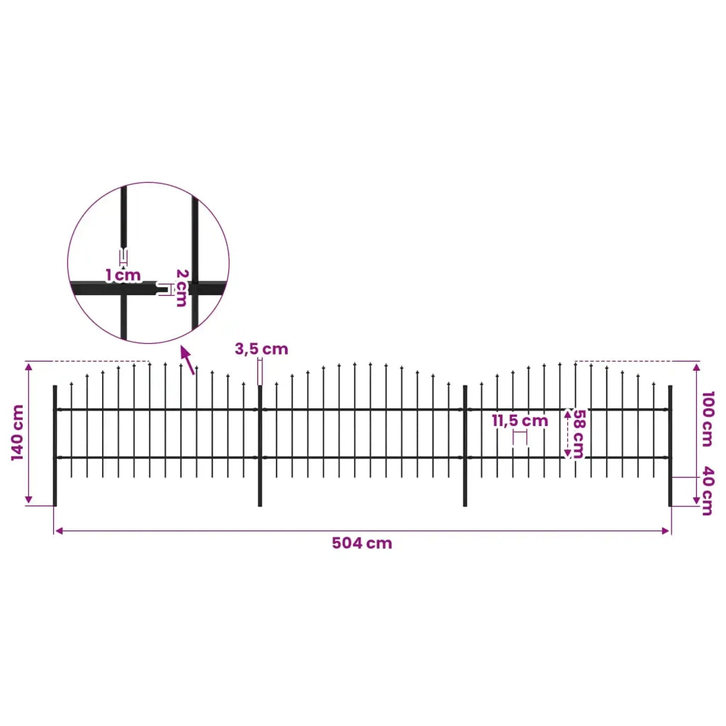 Recinzione da Giardino con Punta a Lancia in Acciaio 504x100 cm Nera 277714