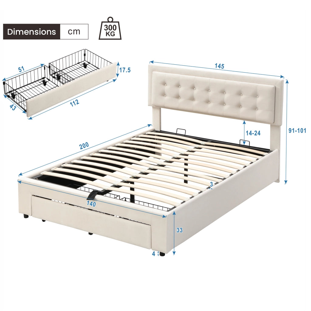 Letto con Cassetti 140×200 cm; Letto Matrimoniale con Contenitore Idraulico e 2 Cassetti; senza Materasso
