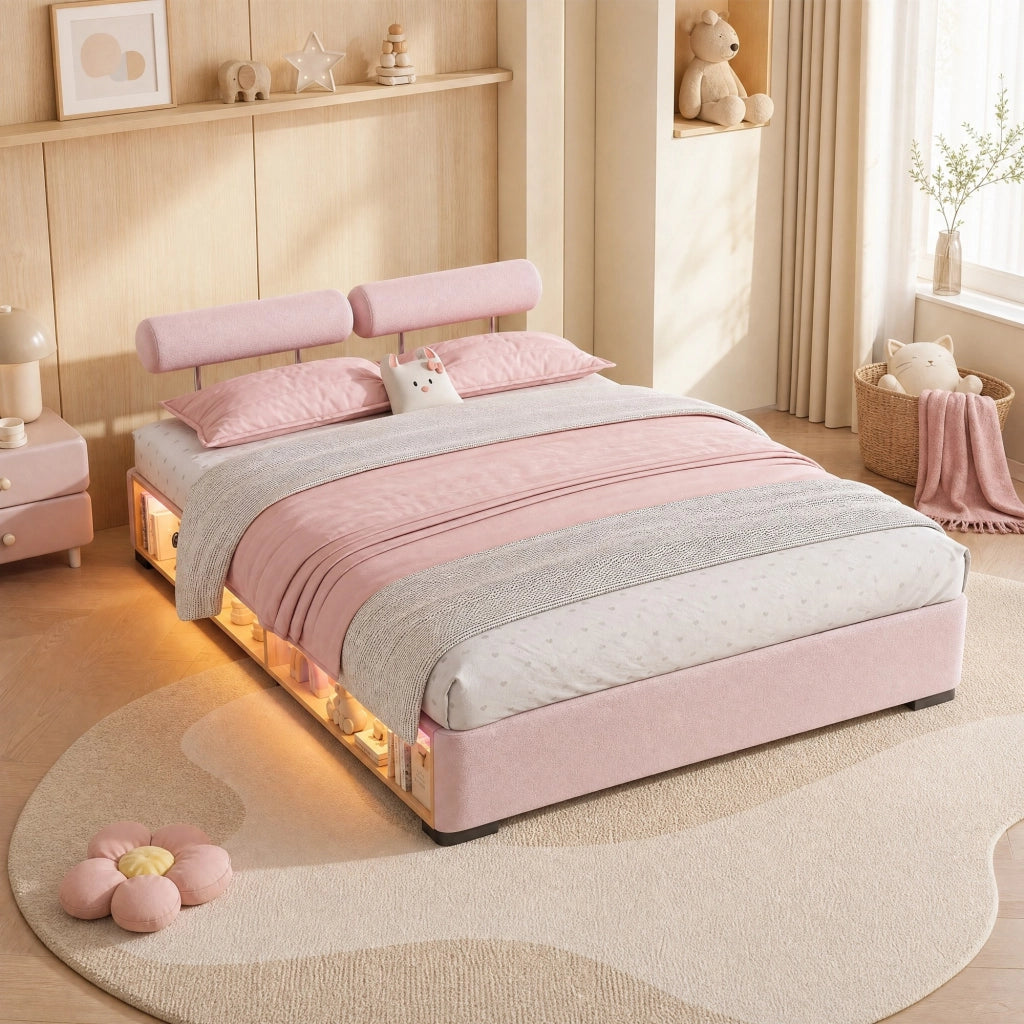 Letto per Bambini 140x200 cm - Vani aperti; LED e Testiere imbottite in Velluto Rosa