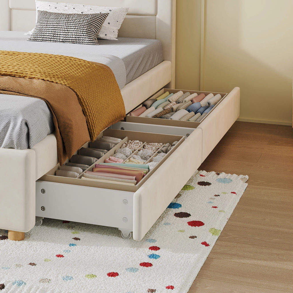 Letto per bambini 90 × 200 cm a casetta imbottito con 4 cassetti, senza materasso, in velluto, beige
