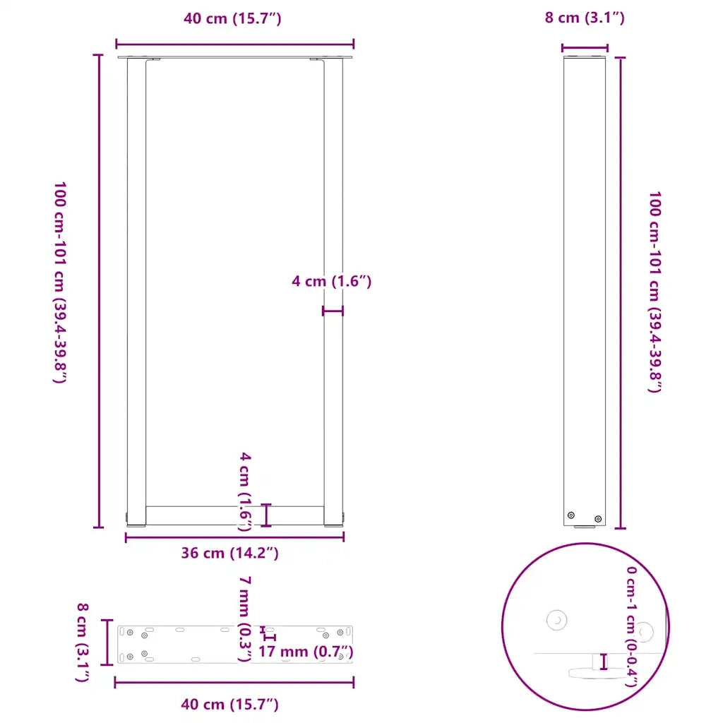 vidaXL Gambe per tavolo da bar a forma di U 2 pz nere 40x(100-101) cm in acciaio