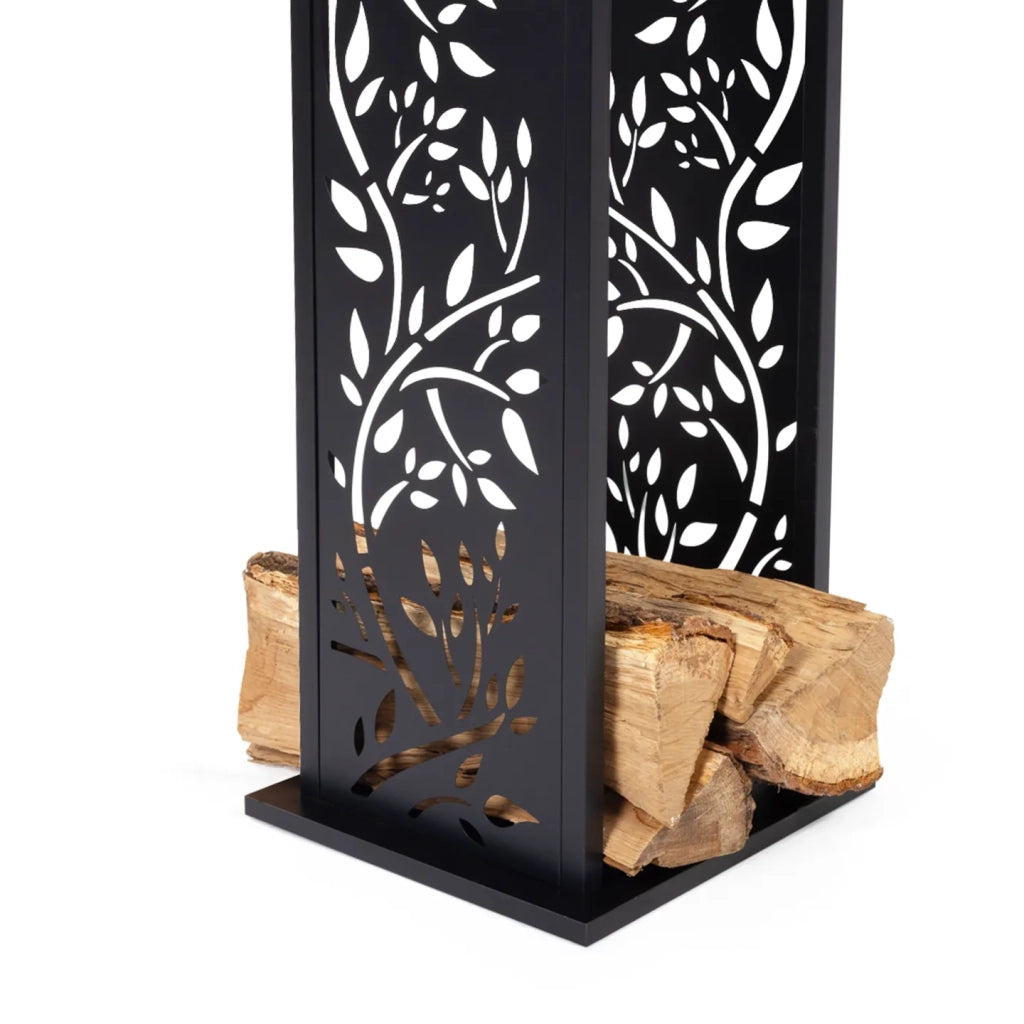 IDMarket - Leñero vertical de acero negro con motivo de árbol H.112 cm