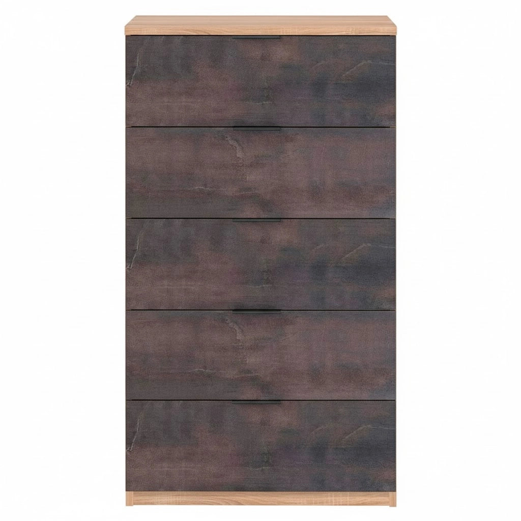 Comò Alto 5 Cassetti Sinfonier Camera Da Letto Stile Industriale Rovere Ossido Mobile Salvaspazio Cassettiera Moderna Con Guide Metalliche 110x60x40 Cm