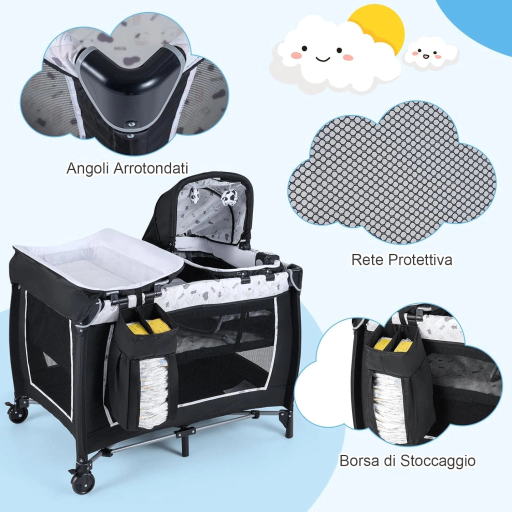 Culla Campeggio Bambini 5 in 1, Lettino Viaggio Neonati Pieghevole con Materasso, Fasciatoio e Tettoia, Box Portatile con Ruote, 2 Giocattoli Appesi e Carillon, per Bambini 0-3 Anni (Bianco)