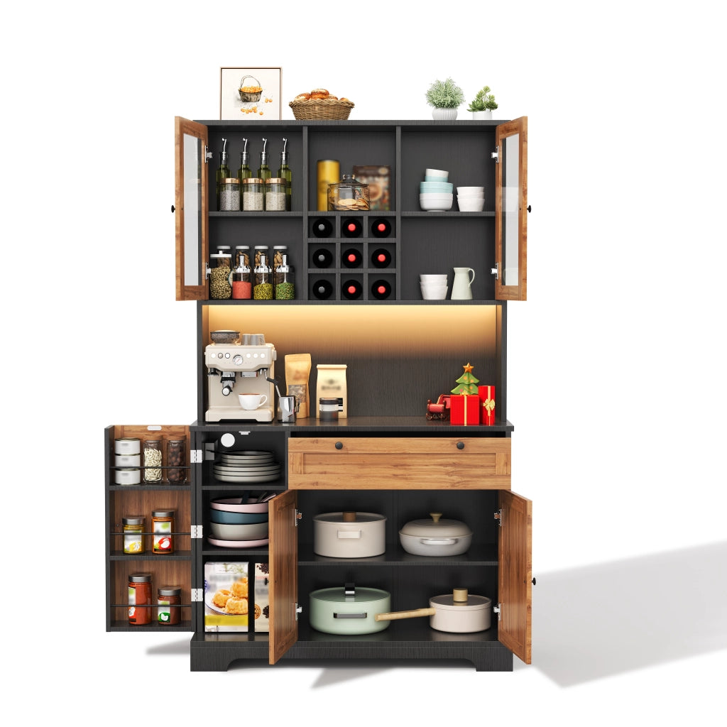 Mobile dispensa con LED; prese integrate e portabottiglie 105x40x180 cm nero e naturale