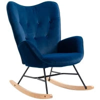 Poltrona a Dondolo con Trapunta, Pioli in Legno, Velluto Sintetico, fino a 150 kg, Blu