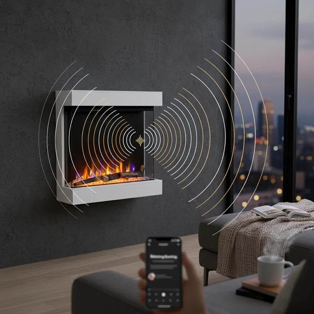 Tempo Style - Caminetto elettrico CALLIOPE Bianco con cornice in legno MDF effetto fuoco reale 750 - 1.500 W