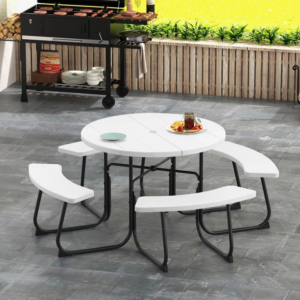 Set di Tavolo da Picnic Rotondo per 8 Persone, Set di Sedie e Tavolo con Foro per Ombrellone, Mobili da Giardino con 4 Panche, in HDPE e Metallo, φ190 x 76 cm (Bianco)