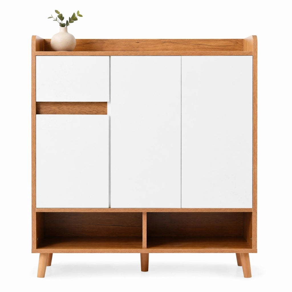 Credenza moderna con ripiani regolabili, ante senza maniglia e gambe in legno massiccio, Bianco/Naturale, L90 x P35 x H99 cm