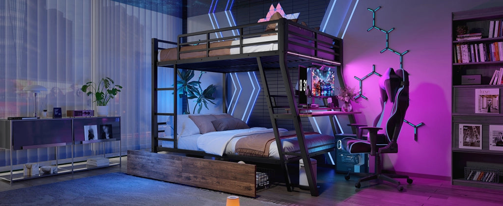 Letto a soppalco 140 × 200 cm con scrivania, 2 cassetti, LED regolabile, barriere e scala, senza materasso