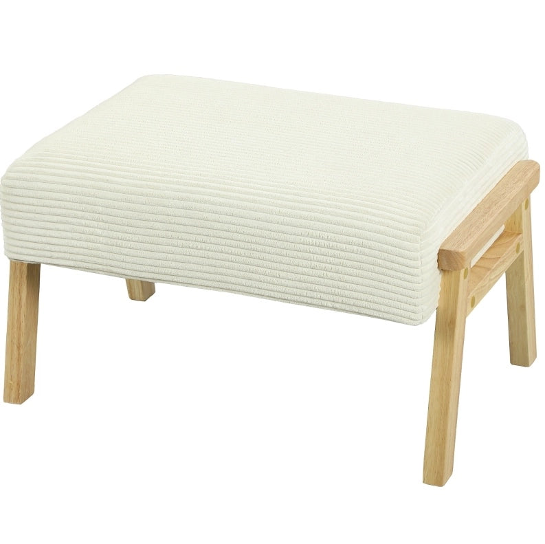 Pouf imbottito crema effetto velluto a coste con gambe in legno