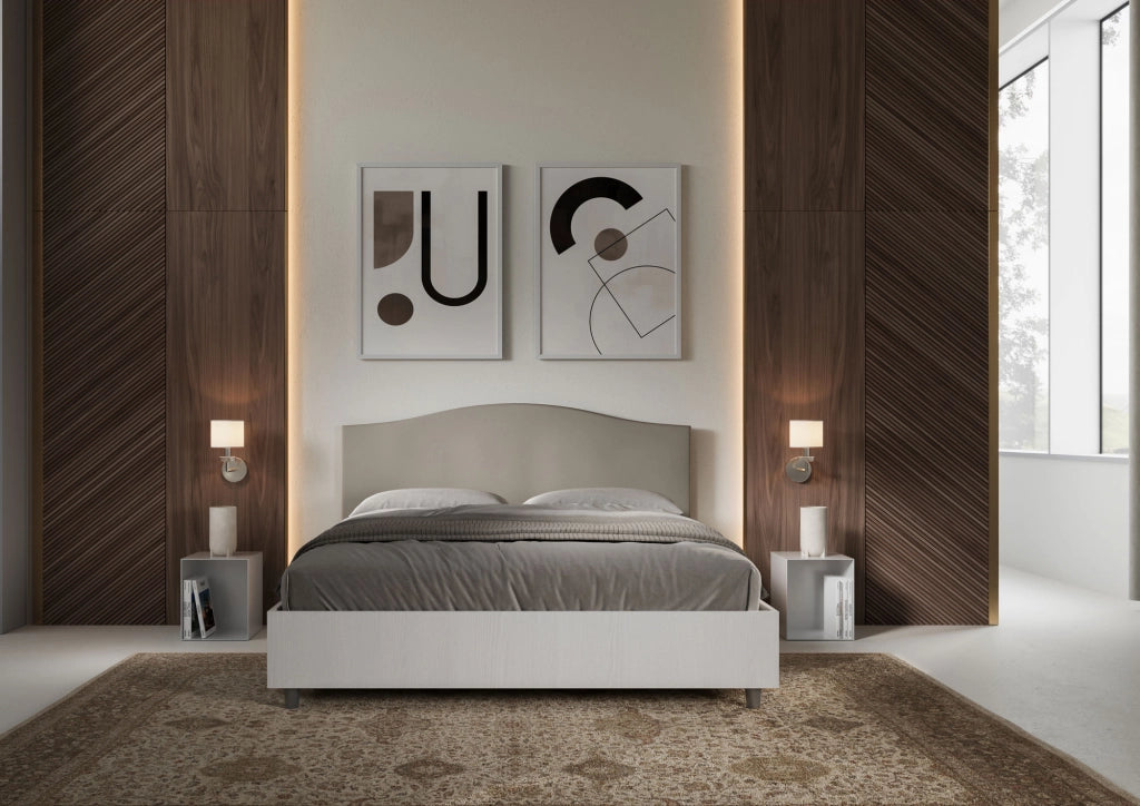 Letto Matrimoniale 160x200 cm con Rete e Contenitore Alzata Comoda Struttura Bianco Frassico e Testata in Similpelle