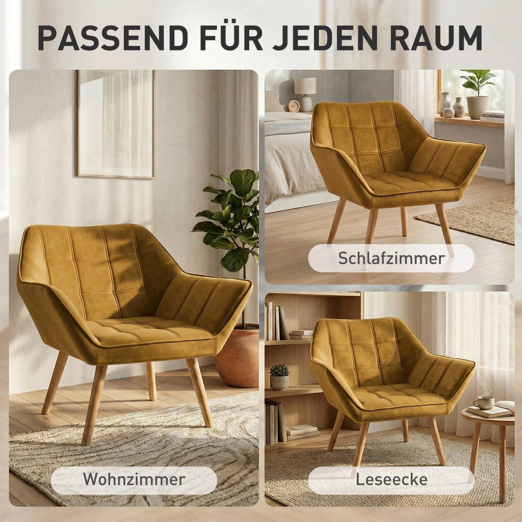Poltrona in velluto giallo ¨C Xylo ¨C Design scandinavo con gambe in legno, capacit¨¤ 120 kg