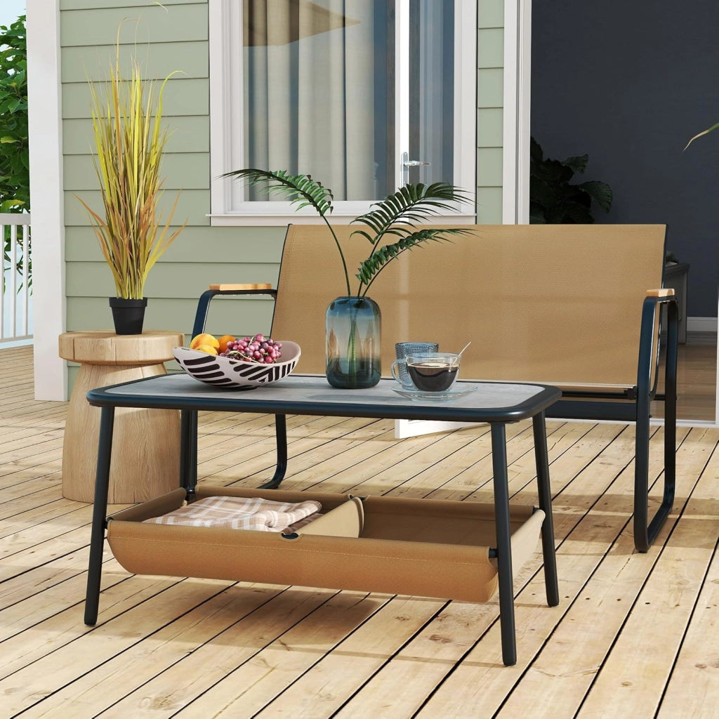 Set di Mobile da Giardino in 2 Pezzi, Set Tavolo e Sedie da Balcone in Tessuto Textilene, Set da Bistrò con Divanetto 2 Posti e Tavolino con 2 Scomparti di Stoccaggio, per Veranda, Marrone