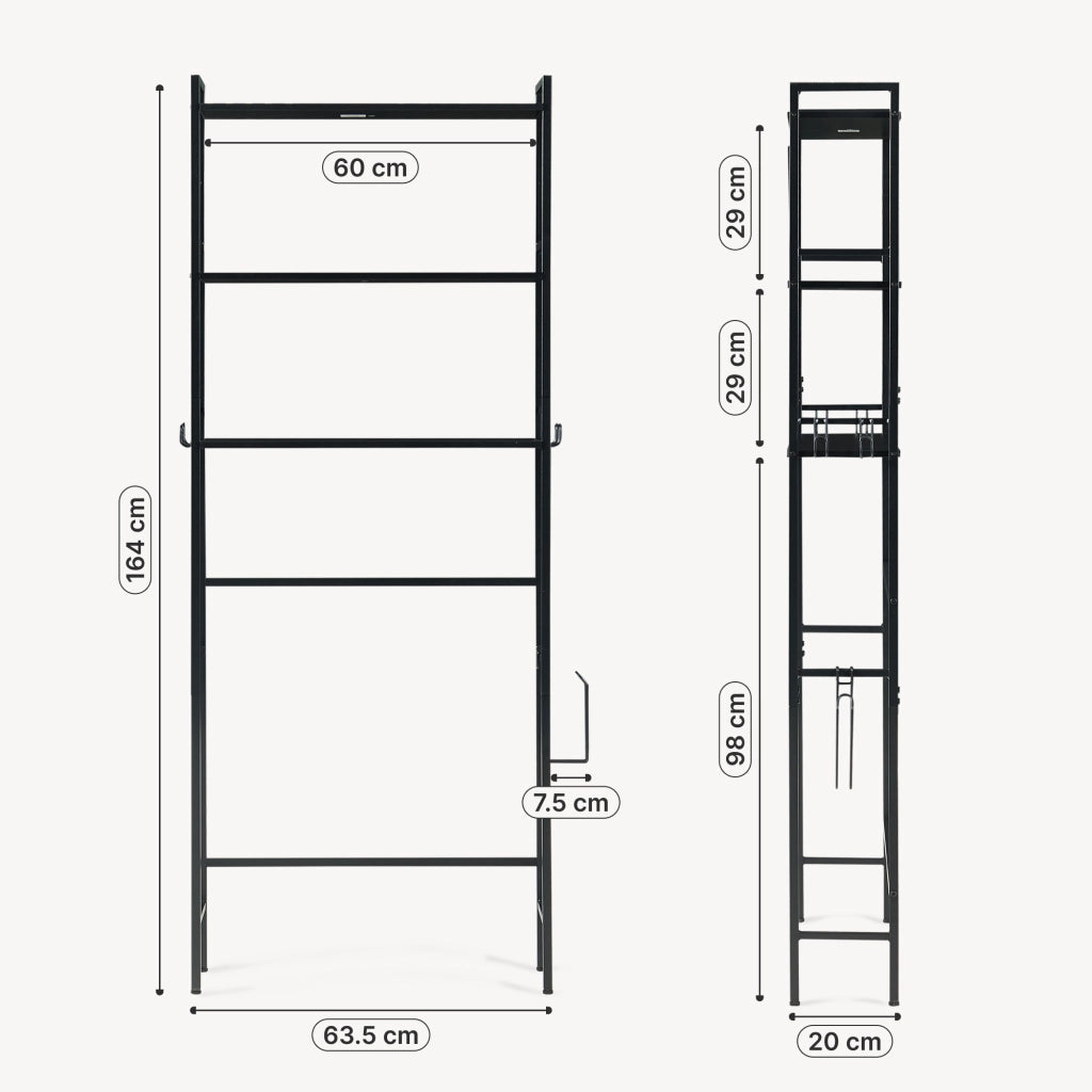 Scaffale Sopra WC Ljukhobro a 3 Ripiani Mensola da Bagno 164 x 64 x 20 cm - Nero [en.casa]