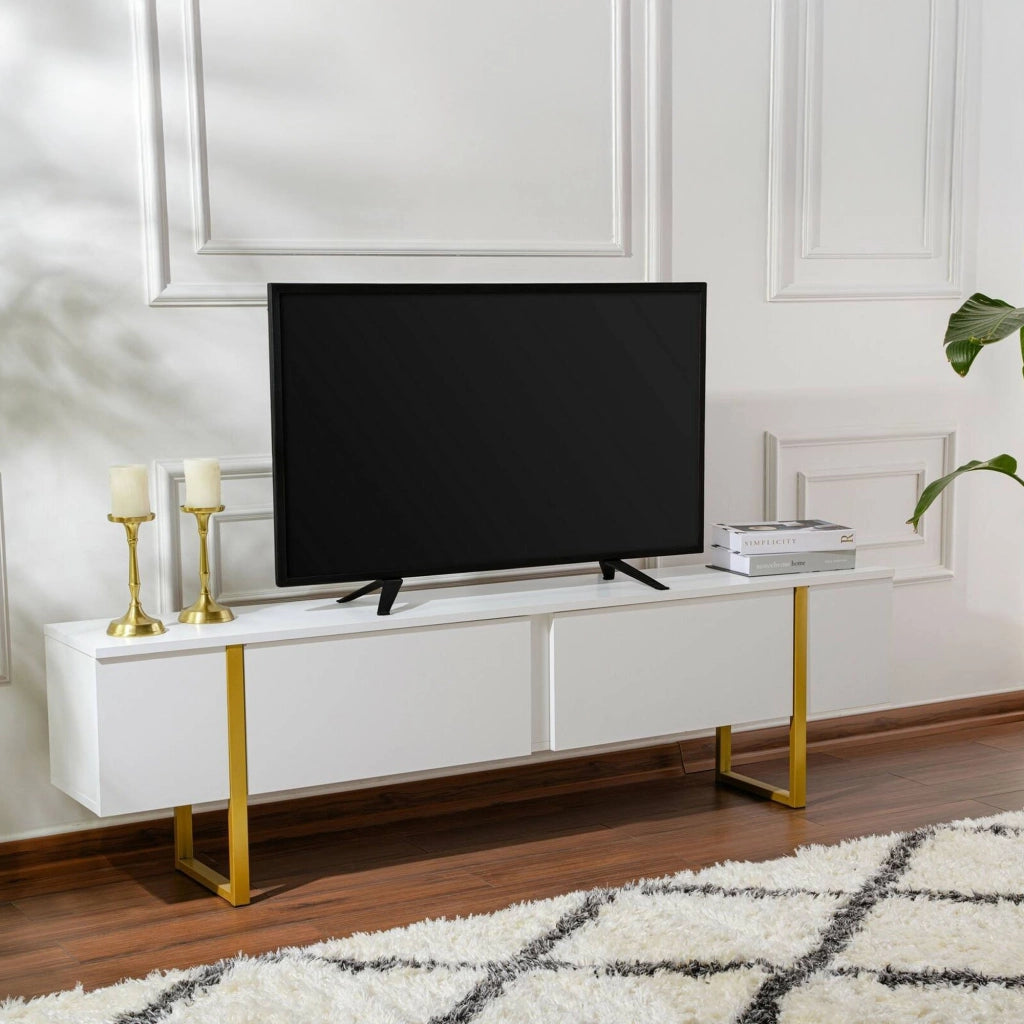 Mobile porta TV Lilith, Credenza da soggiorno, Armadio basso per TV, Base parete attrezzata, 180x30 h50 cm, Bianco e Oro