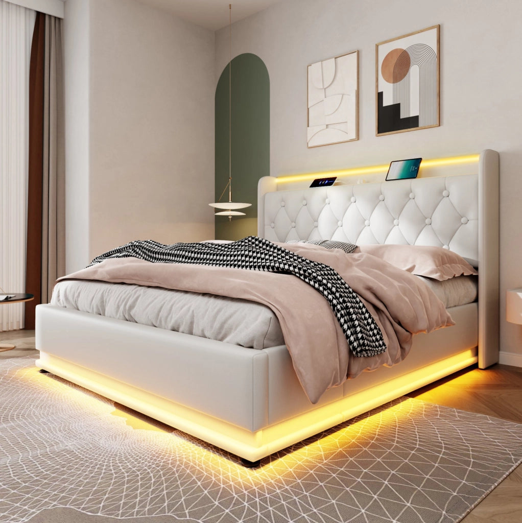 Letto contenitore imbottito con LED, ricarica USB e Tipo-C, 160 x 200 cm, bianco