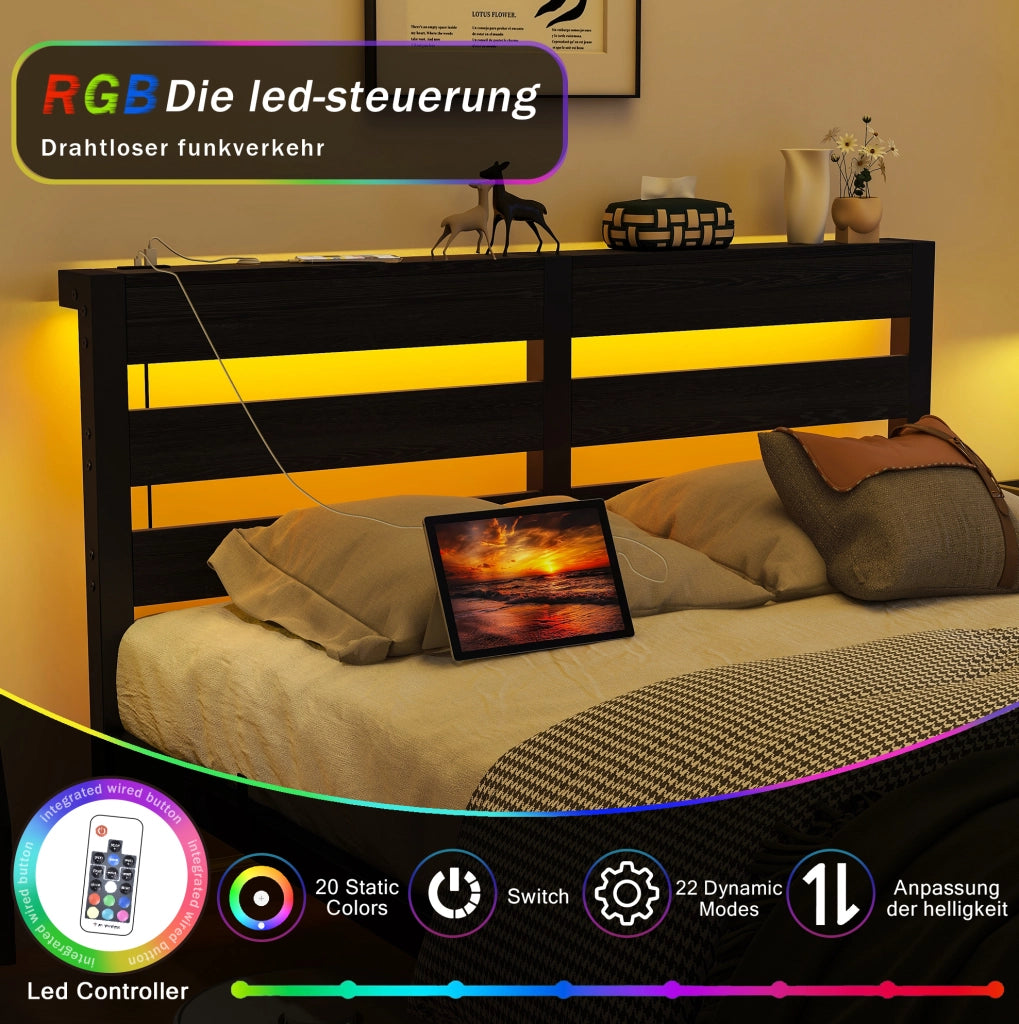 Letto matrimoniale 120x200 cm in metallo e legno con LED RGB; 2 USB e ripiano; nero