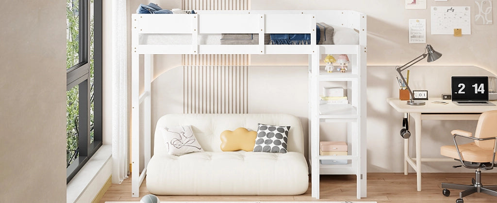 DESMIU Letto a Soppalco Singolo con Scaffale e Sponde, 90 × 200 cm, Senza Materasso, in Legno, Bianco