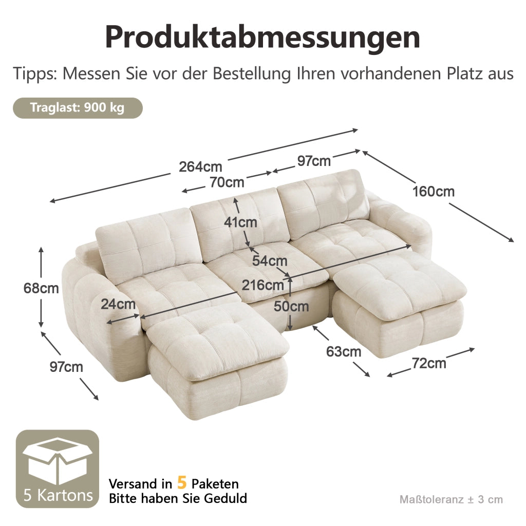 Divano modulare senza struttura con seduta ergonomica e montaggio libero con due pouf in chenille beige