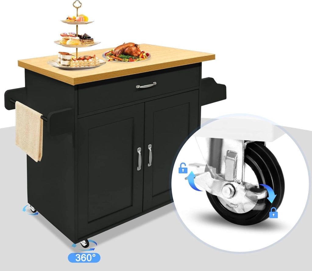 Carrello da cucina nero con ruote e piano di lavoro, carrello da cucina, isola in legno, con portasciugamani e portaspezie, mobile da cucina, carrello da cucina, 115 x 90 x 36 cm