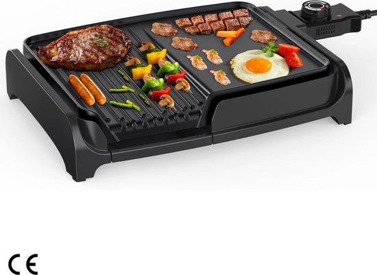 Griglia elettrica 2 in 1 - Tavola grill potente 1600 W con 5 livelli di regolazione della temperatura e piatto antiaderente