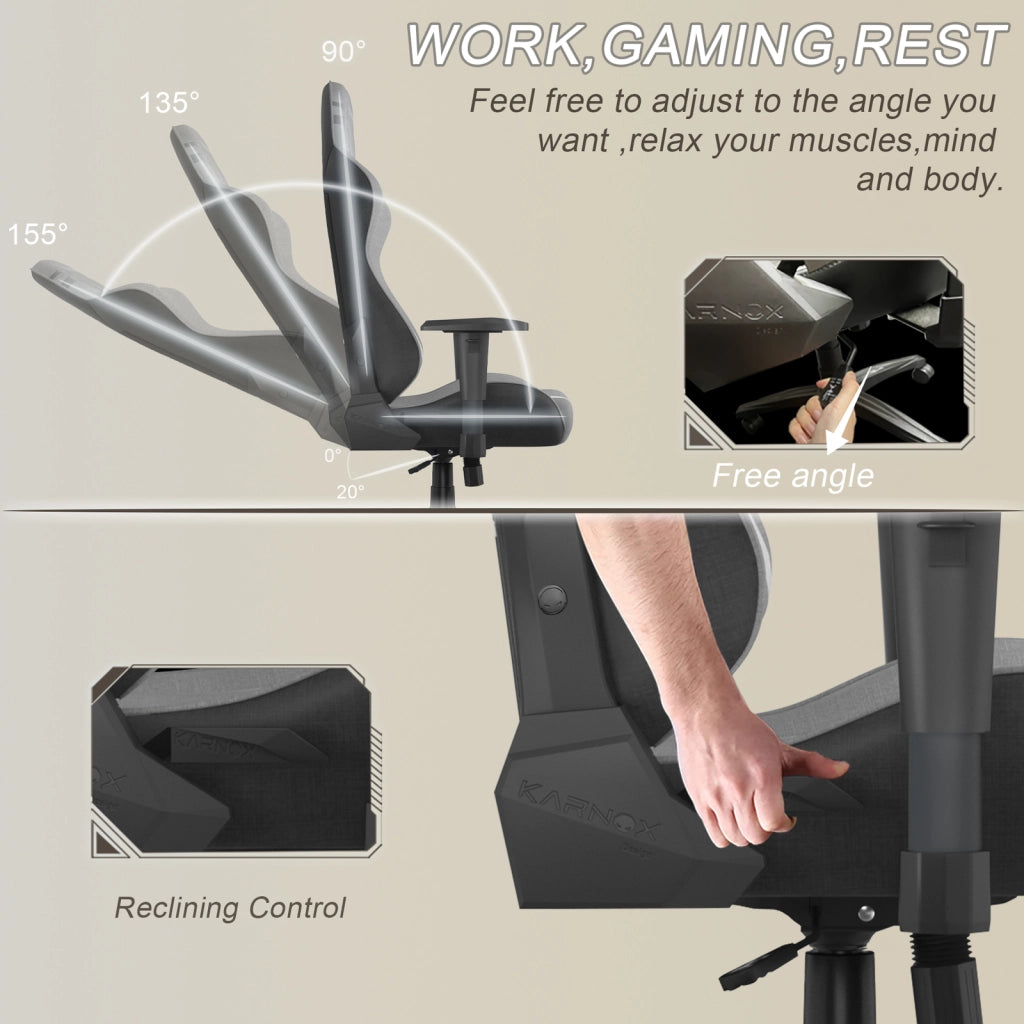 Sedia da gaming con schienale reclinabile supporto lombare e poggiatesta in tessuto grigio chiaro 54,5 × 50 × 132 cm