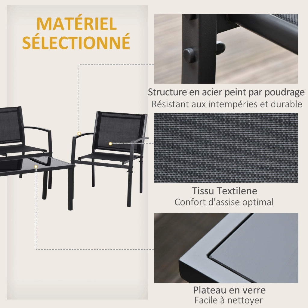 Set giardino esterno 4 pezzi con divano 2 posti, 2 sedie e tavolino in vetro ¨C zephmum ¨C nero, cuscini inclusi