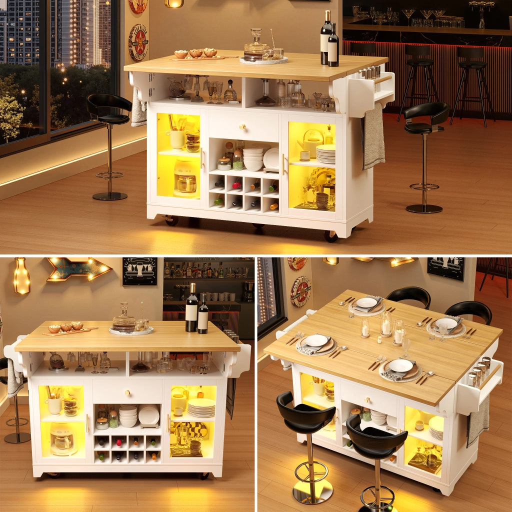 Carrello servitore con illuminazione LED RGB; estensioni ribaltabili e cantinetta; bianco; altezza 95 cm