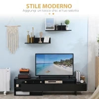 Mobile Porta TV Moderno con 2 Mensole in Legno, Vani Aperti e Armadietti, Nero