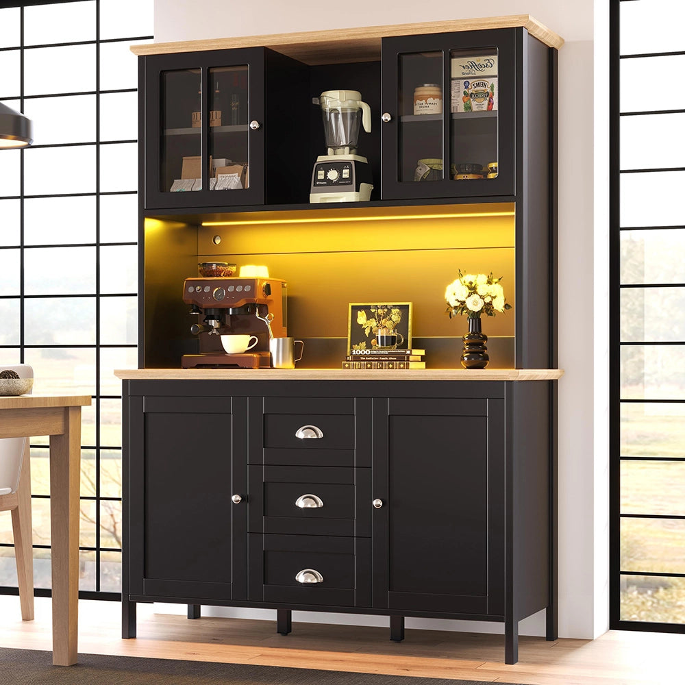 Armadio da cucina con illuminazione LED - Xylo - 120x40x179 cm - Bianco/Nero - 4 porte e 3 cassetti