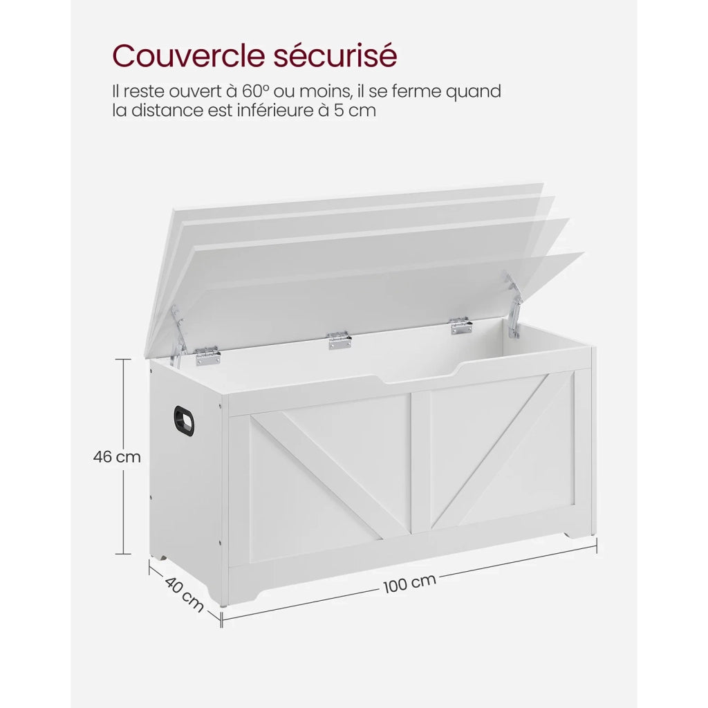 Cassapanca portaoggetti da interno scarpiera pouf panca portaoggetti per giocattoli per bambini con cerniere di sicurezza stile fienile 100 x 40 x 46 cm bianco 12_0005140