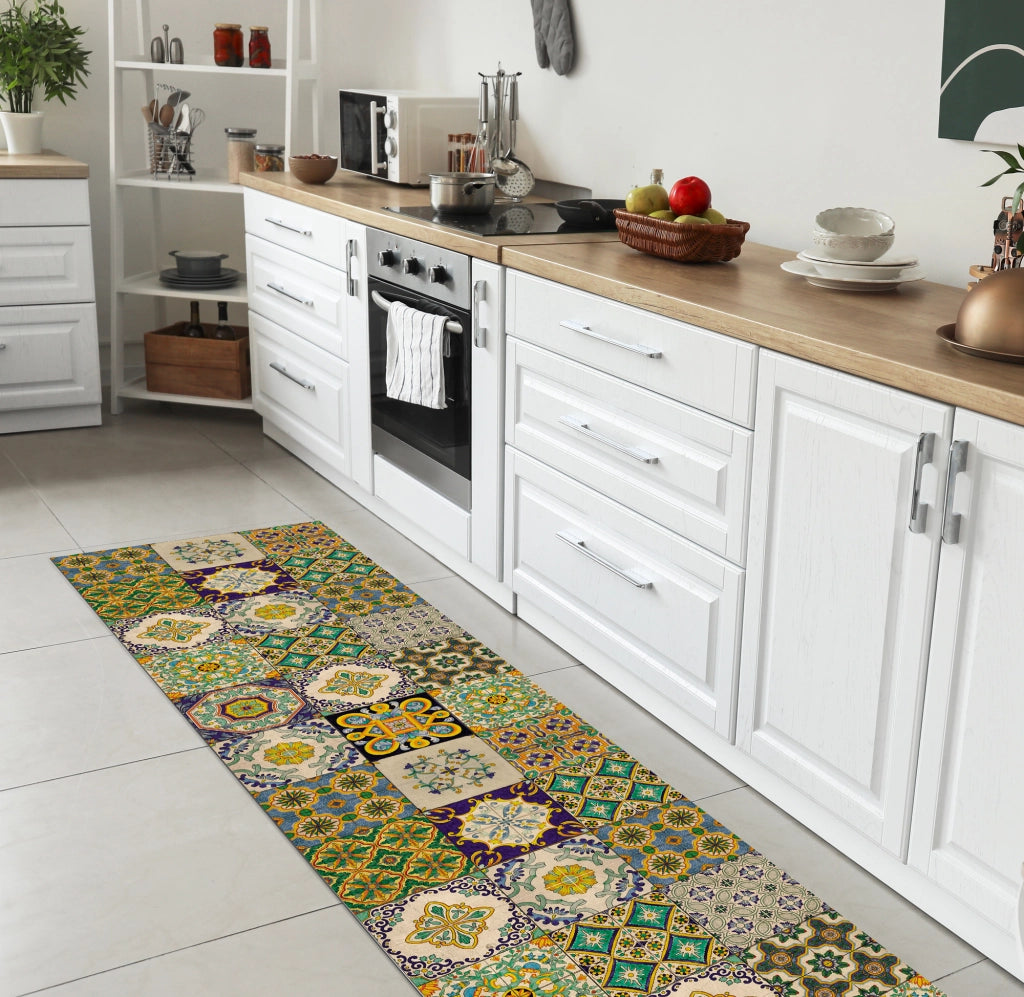 Tappeto passatoia fantasia made in Italy antiscivolo lavabile aderente Fantasia Maiolica , Piastrelle 419 - 50x400cm